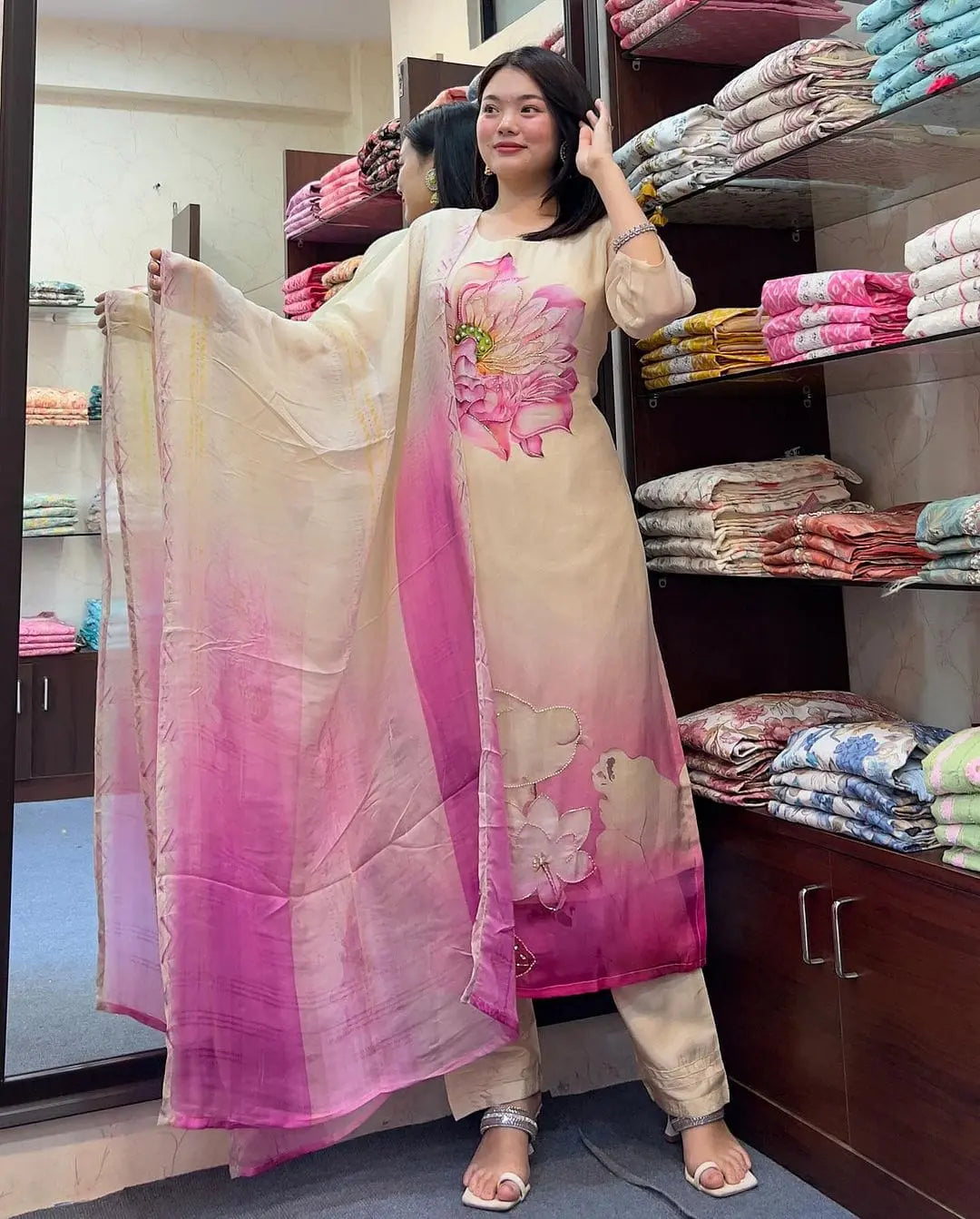 Buy Amazing Floral Digital Organza With Hand Work Neck Suit Set  Women’s Fashion Online - We Shine