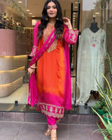 Classic Orange Color Chinnon Heavy Embroidery Salwar Suit