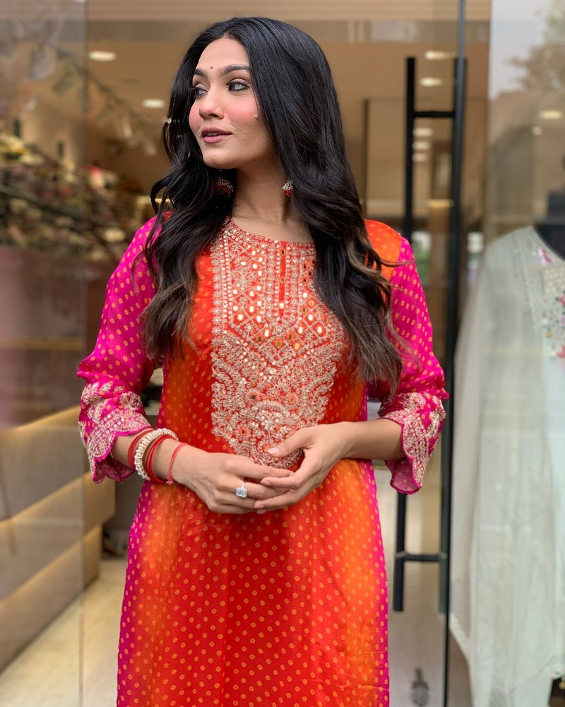 Classic Orange Color Chinnon Heavy Embroidery Salwar Suit