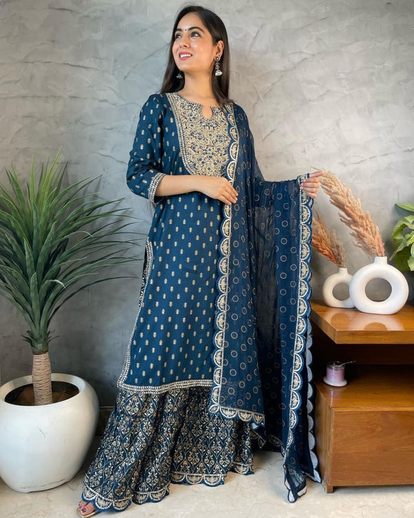 Women Rayon Kurta Sharara Dupatta Set