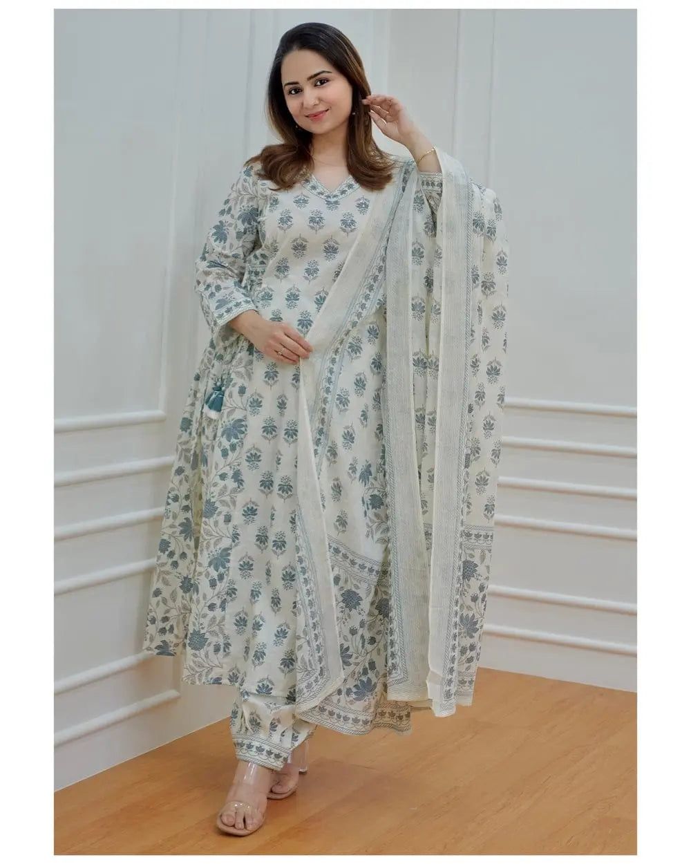 Buy Grey White Cotton Afghani Kurti With Pant &amp; Dupatta Set  Women’s Fashion Online - We Shine