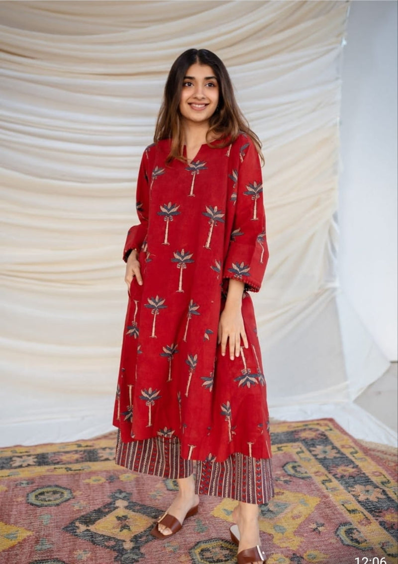 The Indian Ethnic Co. Red Ajrakh Cotton Jhabba Kali Co-ord