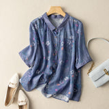 Lapel Button-Down Short Sleeve Printed Top