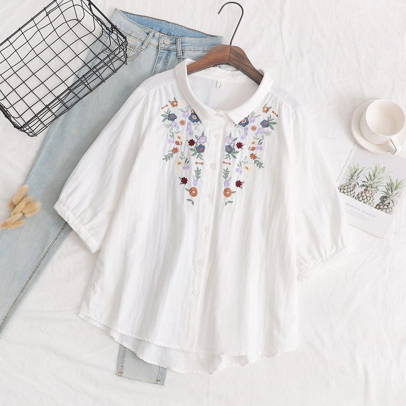 Women's Floral Embroidery Cotton Shirt