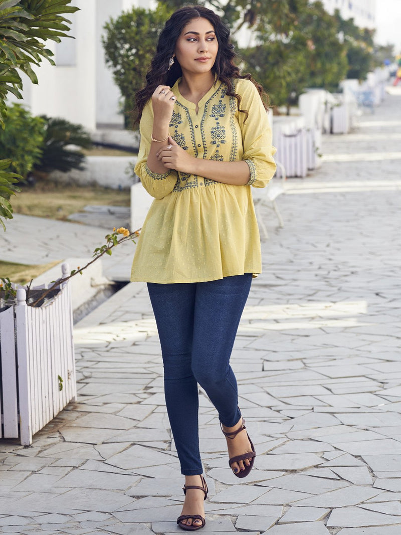 Embroidered Fit & Flare Yellow Cotton Tunic