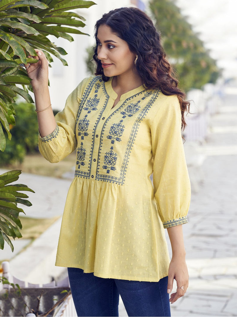 Embroidered Fit & Flare Yellow Cotton Tunic