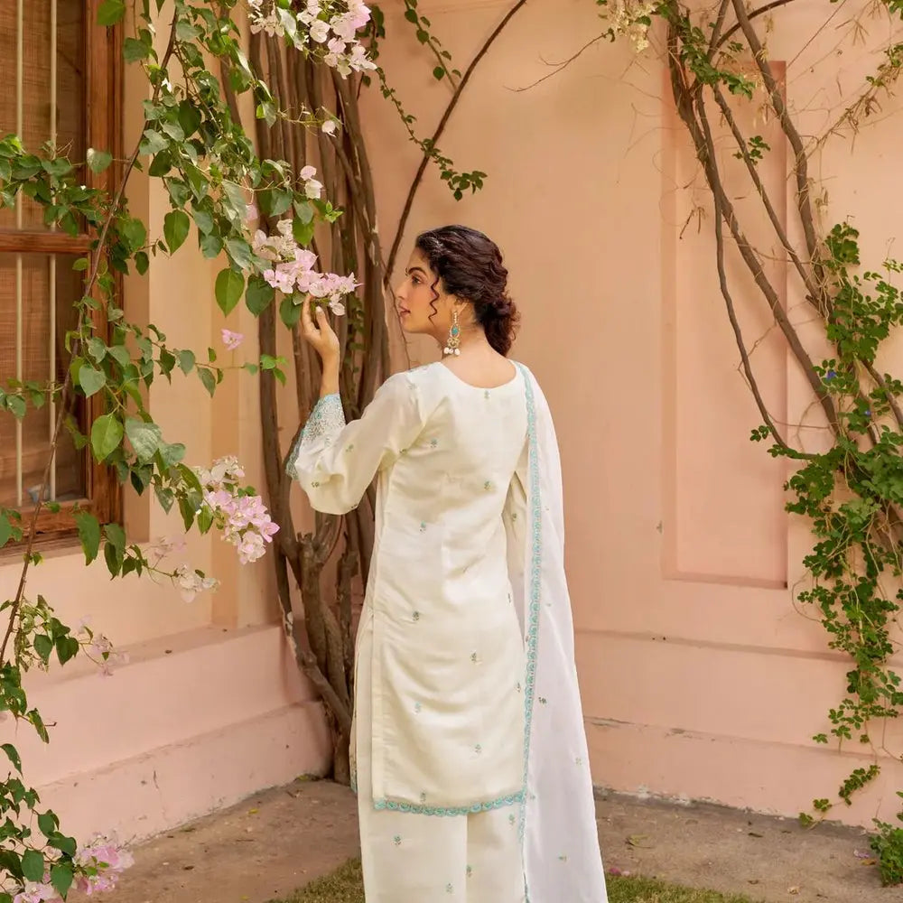 Buy Ivory White Chanderi Embroidered Suit Set  Women’s Fashion Online - We Shine