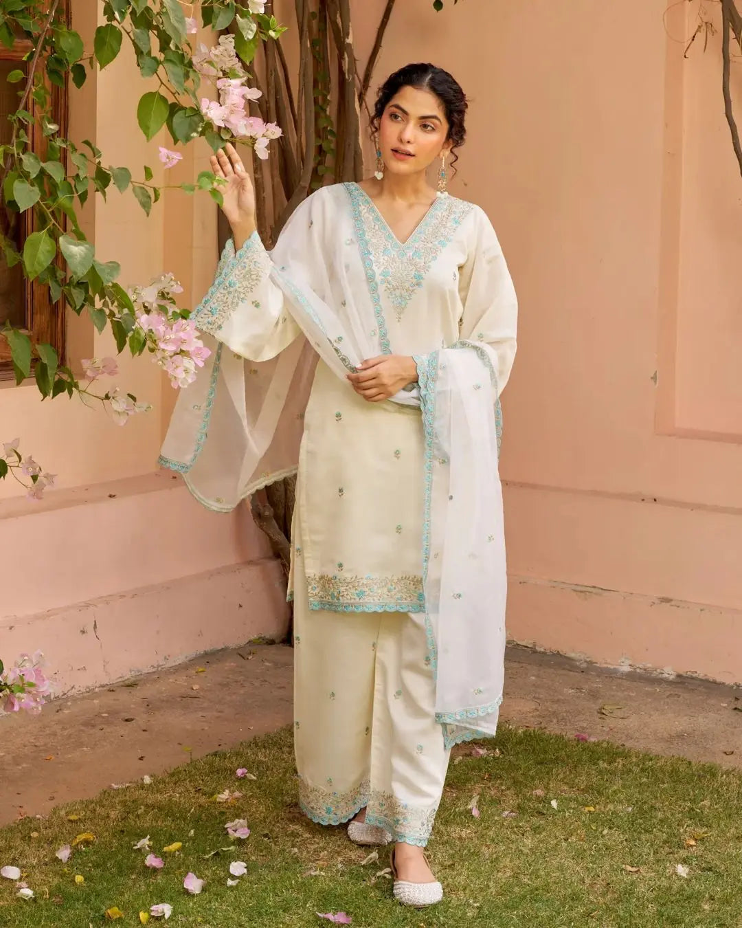 Buy Ivory White Chanderi Embroidered Suit Set  Women’s Fashion Online - We Shine