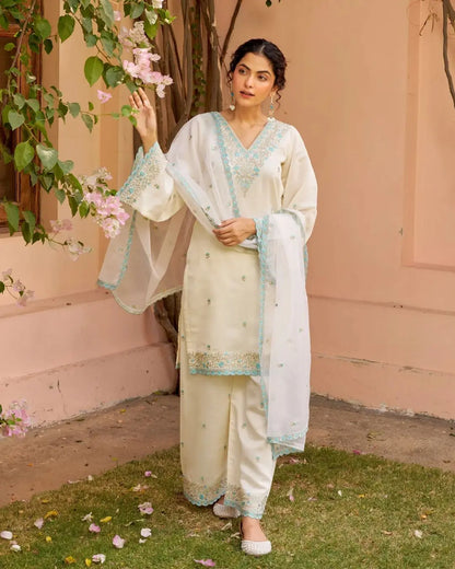 Buy Ivory White Chanderi Embroidered Suit Set  Women’s Fashion Online - We Shine