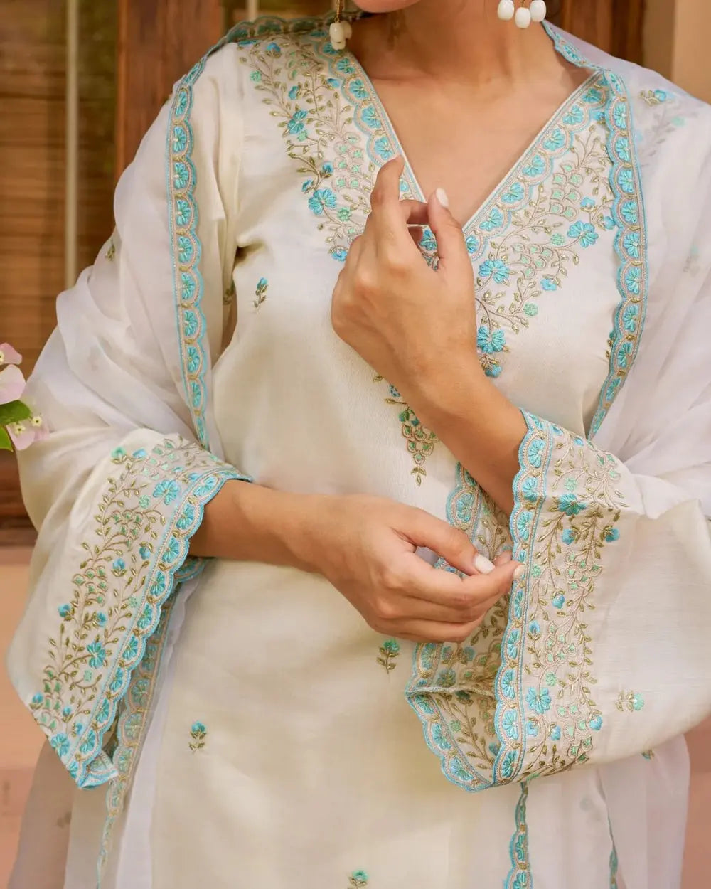 Buy Ivory White Chanderi Embroidered Suit Set  Women’s Fashion Online - We Shine