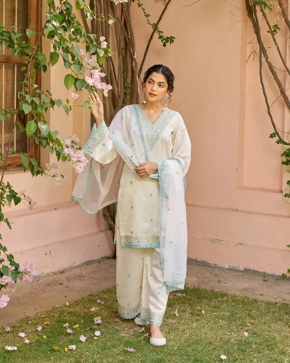 Buy Ivory White Chanderi Embroidered Suit Set  Women’s Fashion Online - We Shine