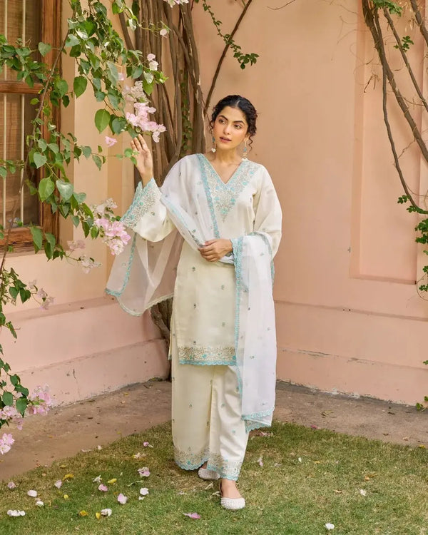 Buy Ivory White Chanderi Embroidered Suit Set  Women’s Fashion Online - We Shine