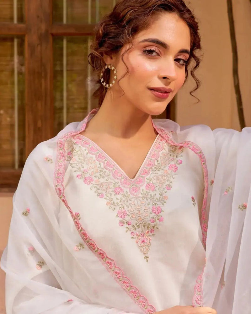 Ivory White Chanderi Pink Embroidered Suit Set