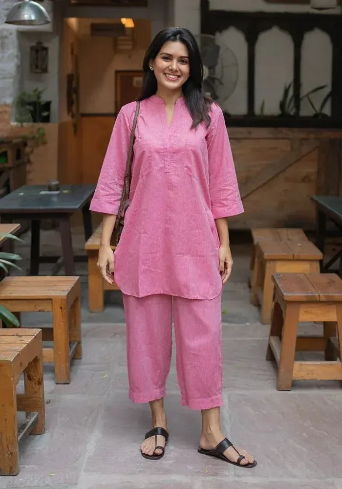 pink cotton co-ord set for women
