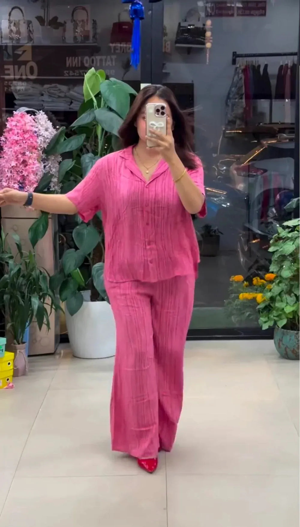 pink pure linen co-ord set for women