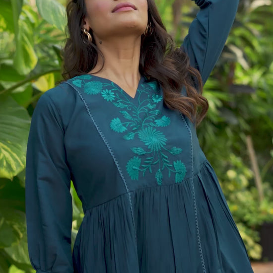 Heavy Silk Blue Embroidery Stylish Tunic for Women