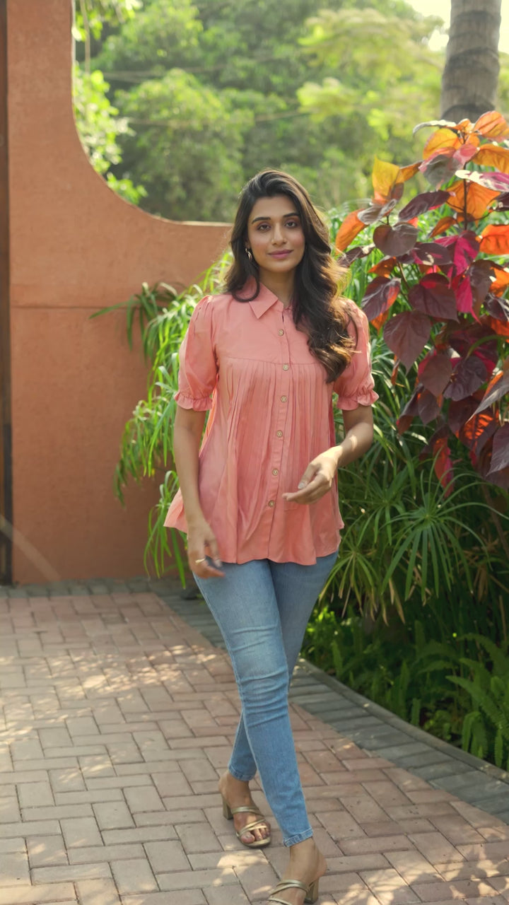 Casual Heavy Rayon Solid Peach Half Sleeve Tunic