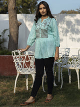 Embroidered Fit & Flare Sky Cotton Tunic