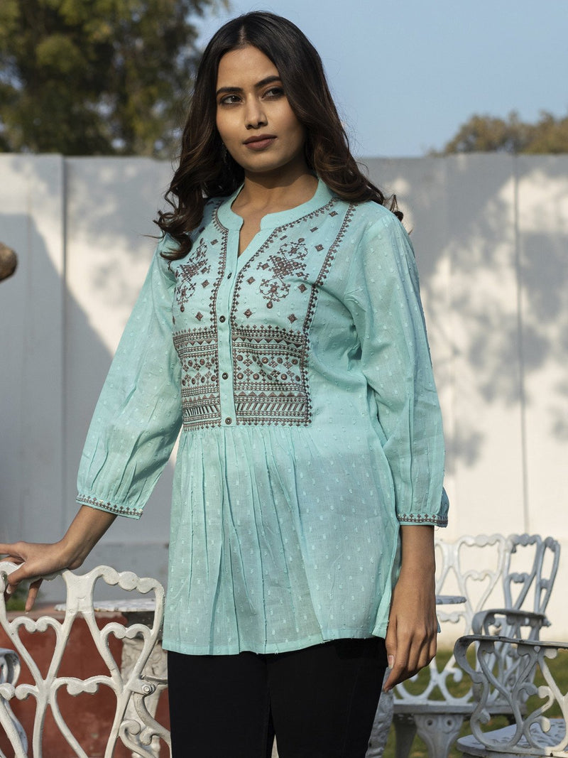 Embroidered Fit & Flare Sky Cotton Tunic