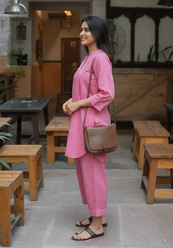women wearing a pink straight fit co-ord set