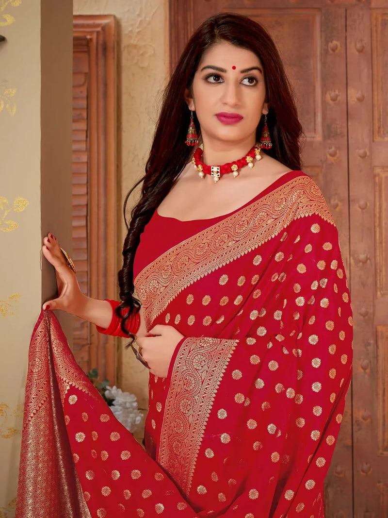 Red Banarasi Satin Silk Saree