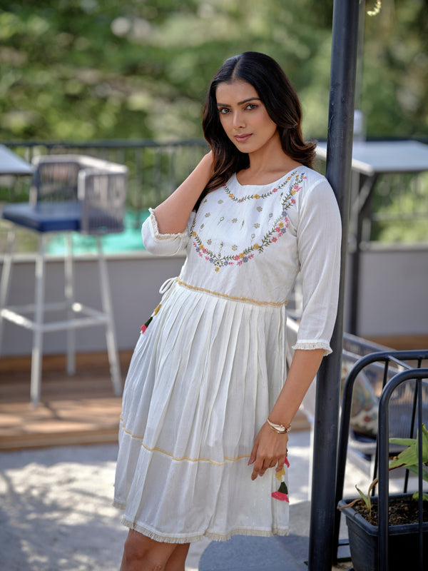 Cotton Fit And Flare Embroidery White Dress