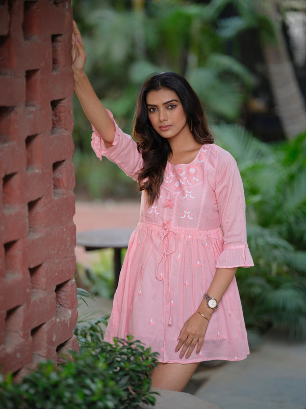 Cotton Fit And Flare Embroidered Peach Dress